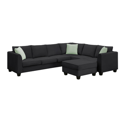 7-Seat Modular L-Shaped Sectional Sofa Set with Ottoman - 112" x 87" Black Polyester Fabric