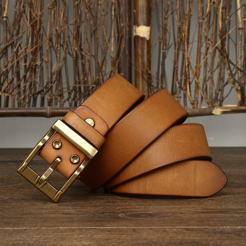 Men's Retro Washed Matte Top-Grain Leather Belt - Brass Buckle with Vegetable Tanning