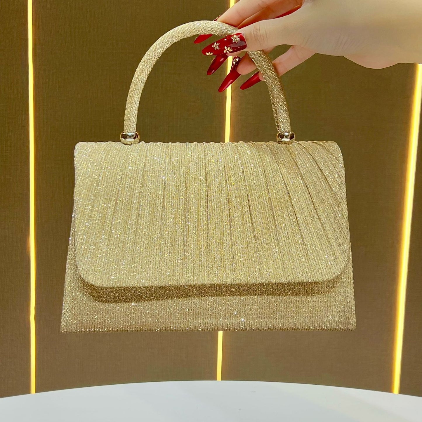 Gold Crinkle Convertible Evening Bag - Multi-Way Clutch Shoulder Crossbody Handbag