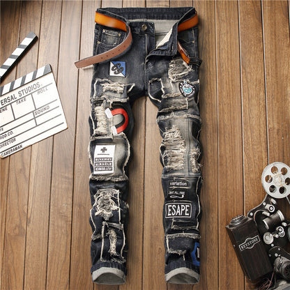Mid-Waist Ripped Patch Stretch Jeans - Men's Tapered Denim Trousers