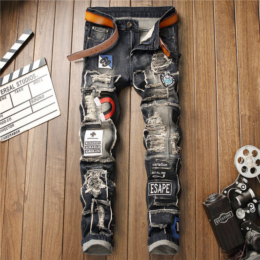 Mid-Waist Ripped Patch Stretch Jeans - Men's Tapered Denim Trousers