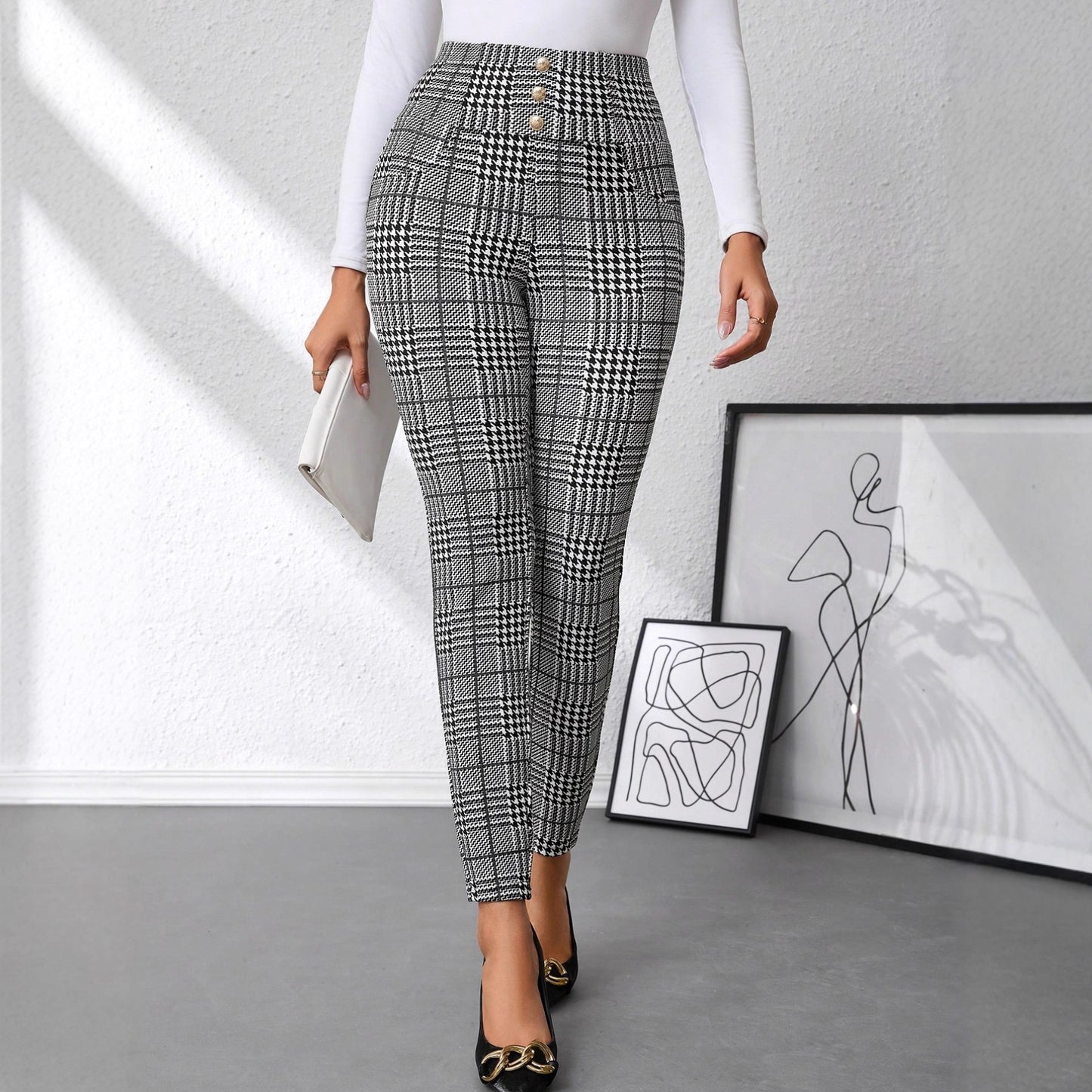 Women's Check Print Button Embellished High Waist Slim Fit Knit Pants