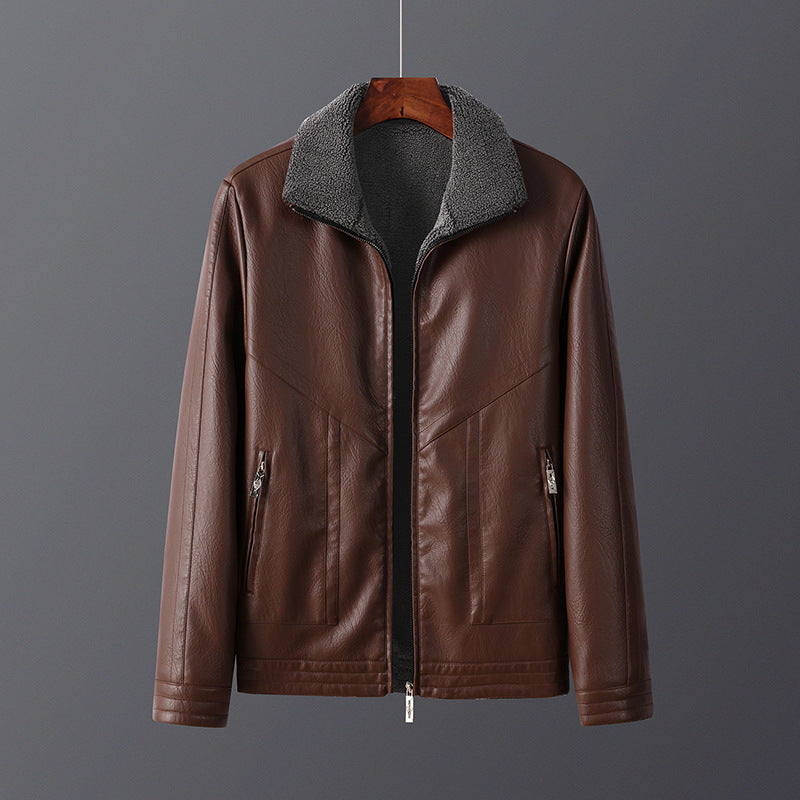Men's Fleece-Lined PU Leather Jacket - Winter Outerwear