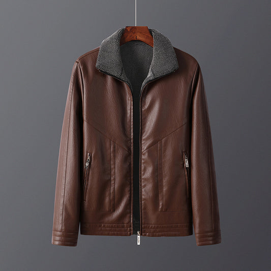 Men's Fleece-Lined PU Leather Jacket - Winter Outerwear