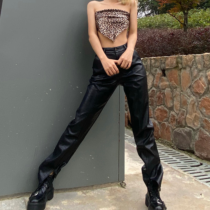 High Waist Split Leg Motorcycle Leather Pants
