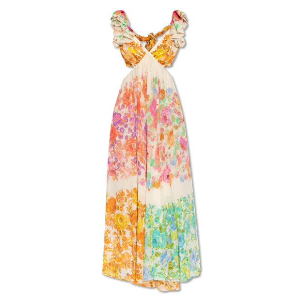 Women's V-Neck Ruffle Sleeve Floral Print Backless Maxi Dress - French-Style Beach Dress