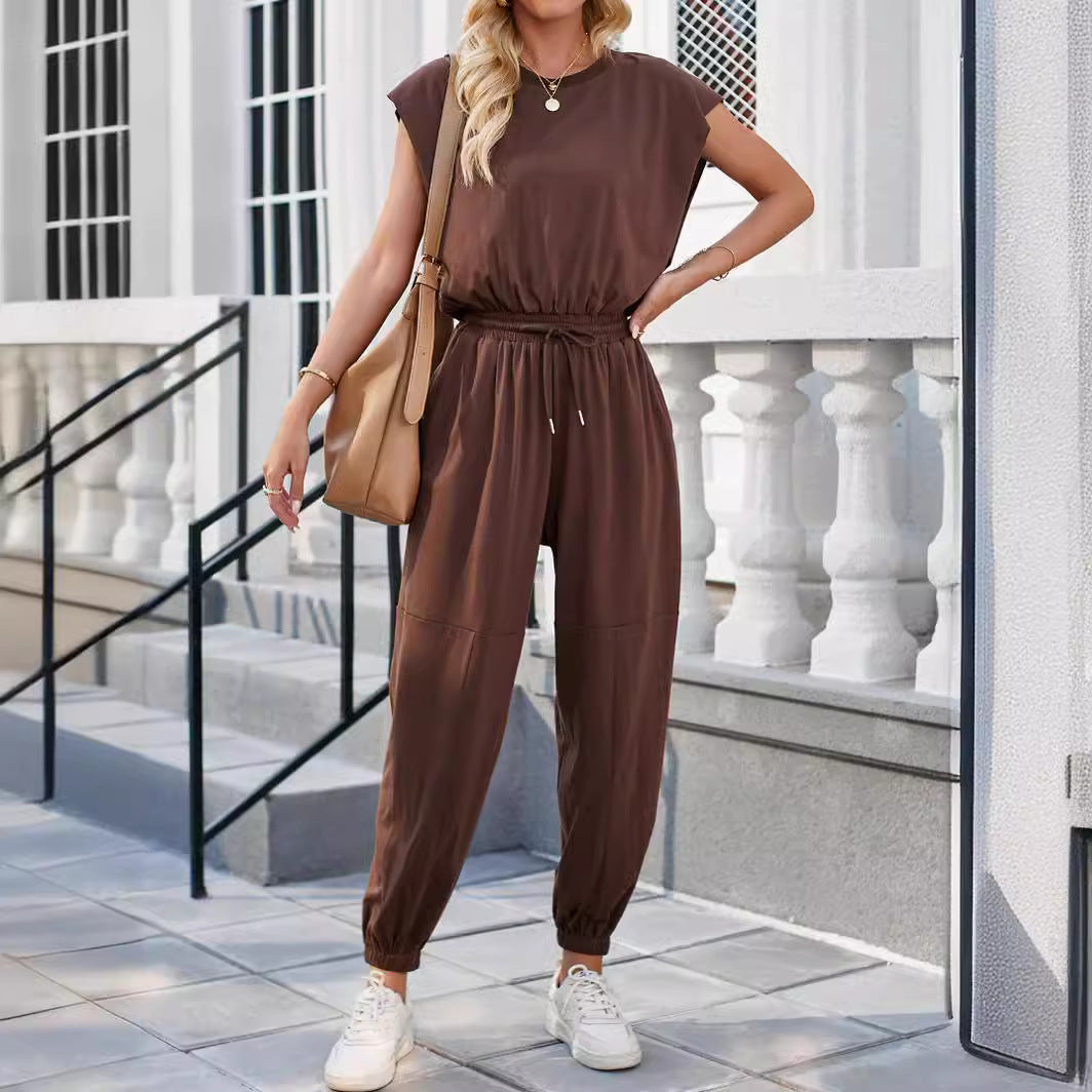 Sleeveless Backless Jumpsuit - Loose Fit with Elastic Waist and Pockets