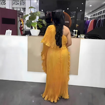 Women's One-Shoulder High-Waist Maxi Dress - Polyester Long Evening Dress in Black, Khaki, Pink & White