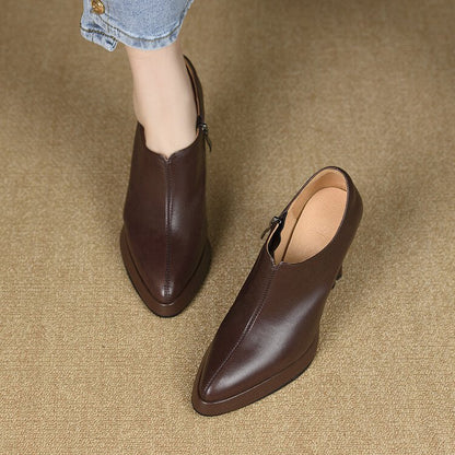 Vintage Chunky Heel Pointed Toe Pumps - Women's High Heel Shoes with Zipper
