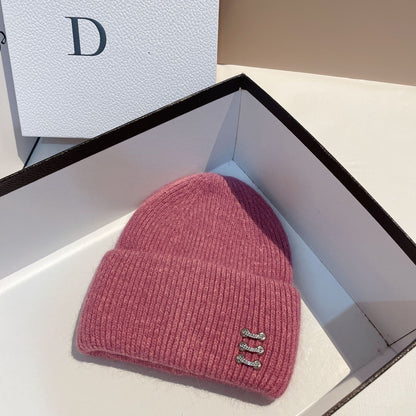 Women's Rabbit Fur Knitted Hat with Buckle - Winter Dome Crown Beanie