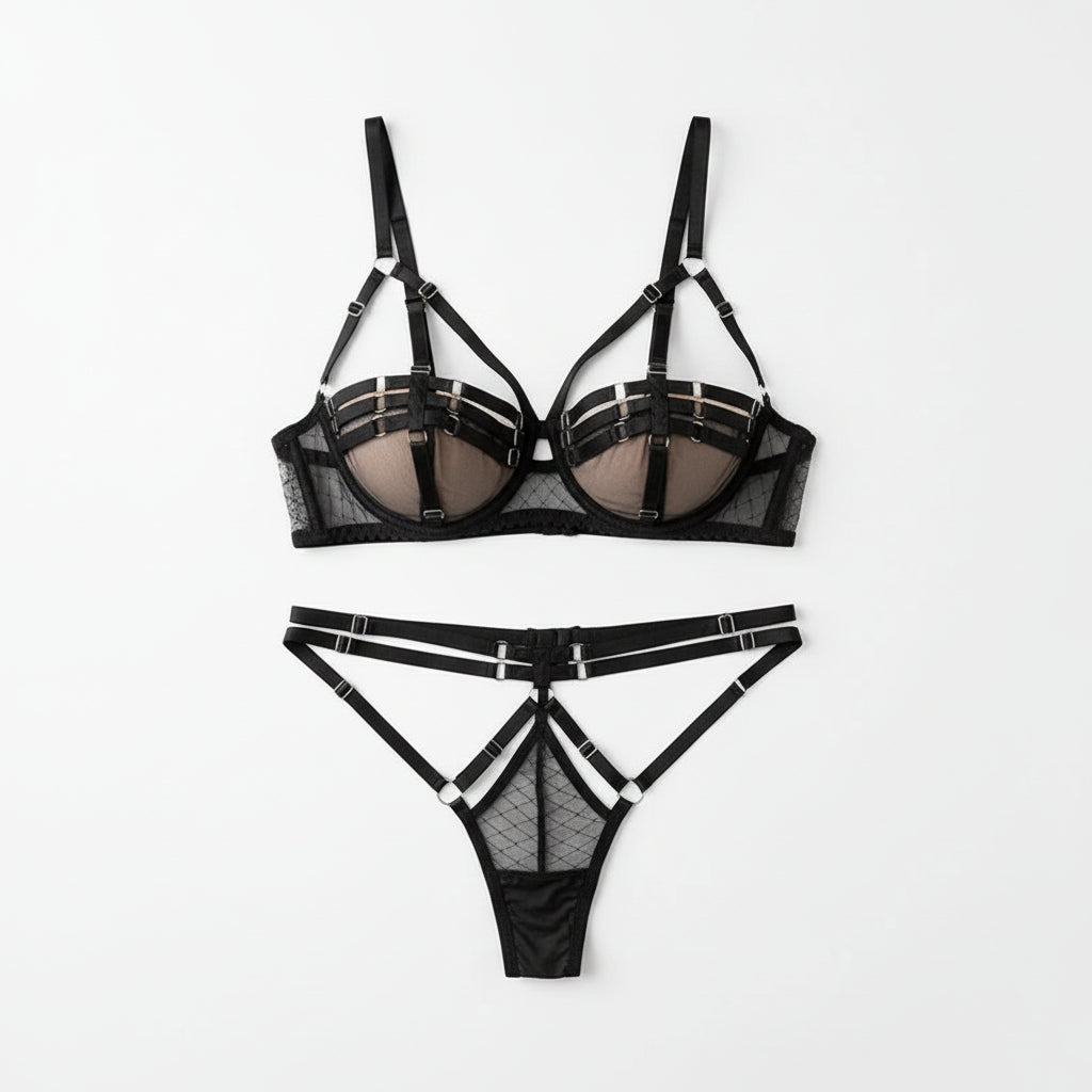 Women's Corset Bra and Panty Set with Leg Rings - Supportive Polyester Lingerie