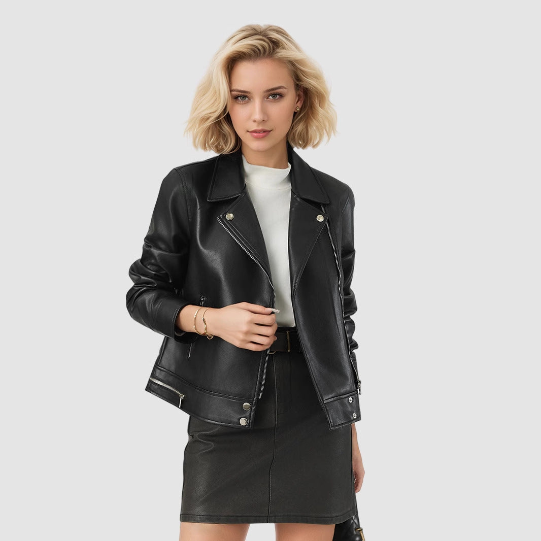 Women's Slim-Fit PU Leather Jacket with Turn-Down Collar