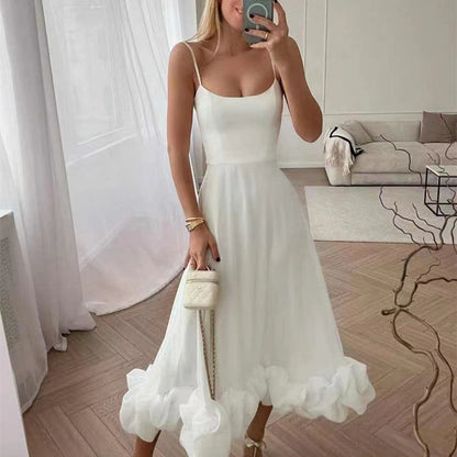 Chiffon A-Line Maxi Dress with 3D Floral Detail - Sleeveless Swing Dress with Suspenders