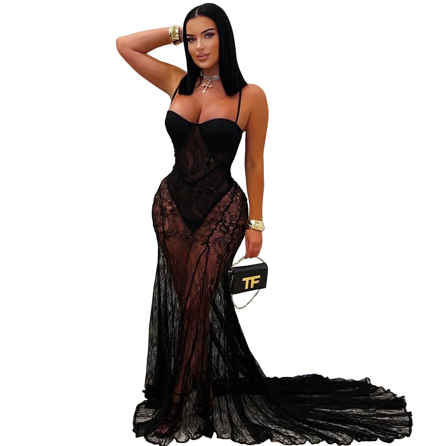 Women's Lace Sling Dress - Elegant Sleeveless Fishtail Skirt with See-Through Detail