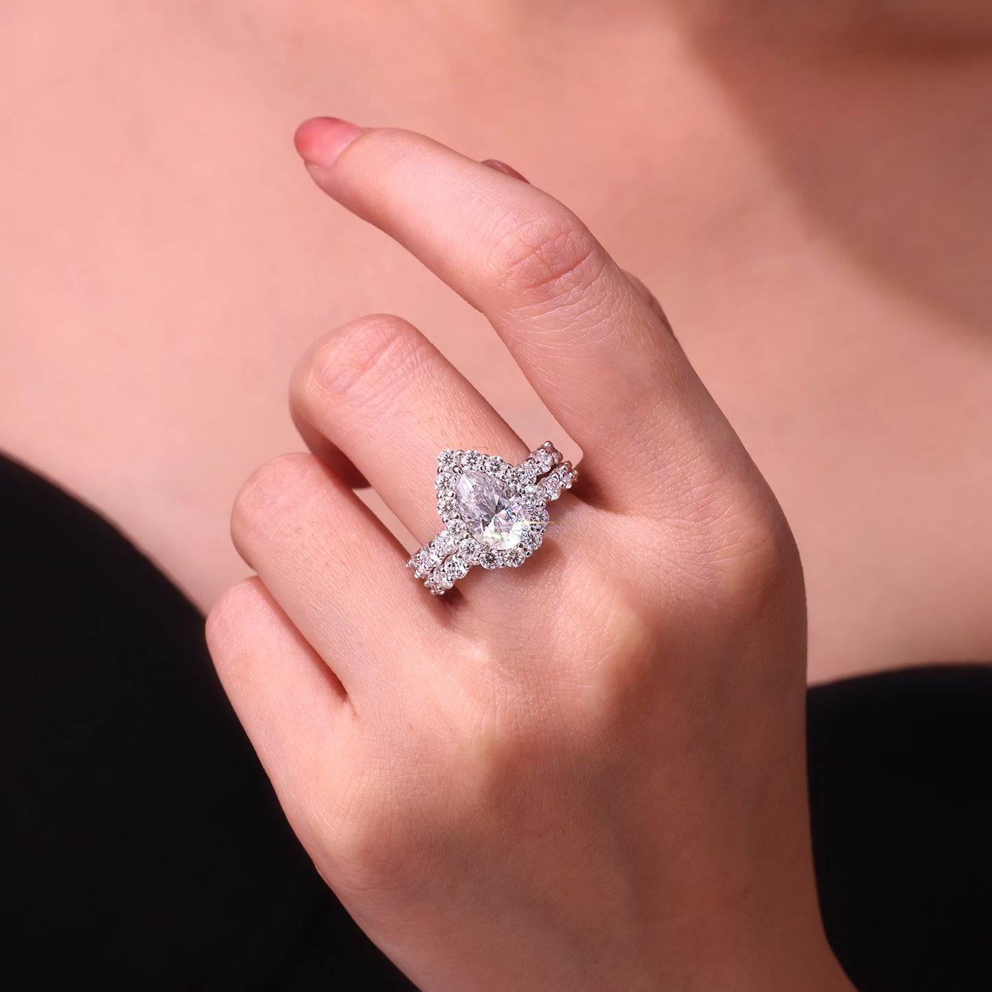 Pear-Shaped Moissanite Sterling Silver Ring - Platinum Plated Wedding Band