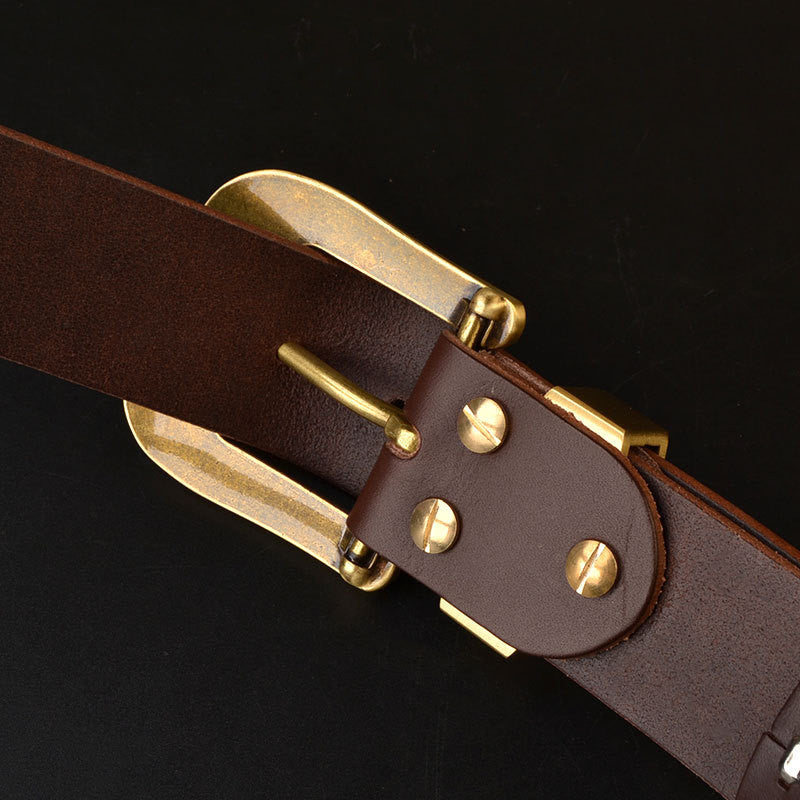 Men's Genuine Leather Belt with Solid Brass Buckle - Casual Pin Buckle