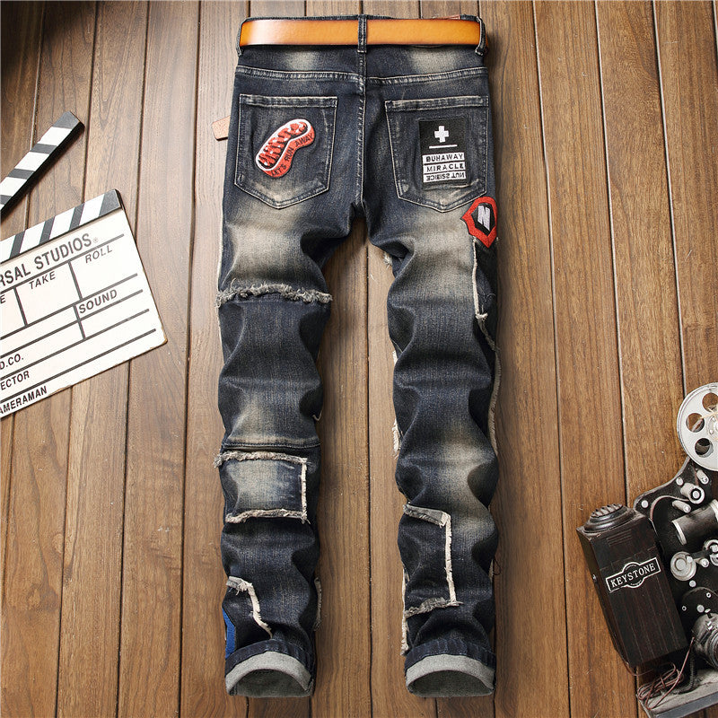 Mid-Waist Ripped Patch Stretch Jeans - Men's Tapered Denim Trousers