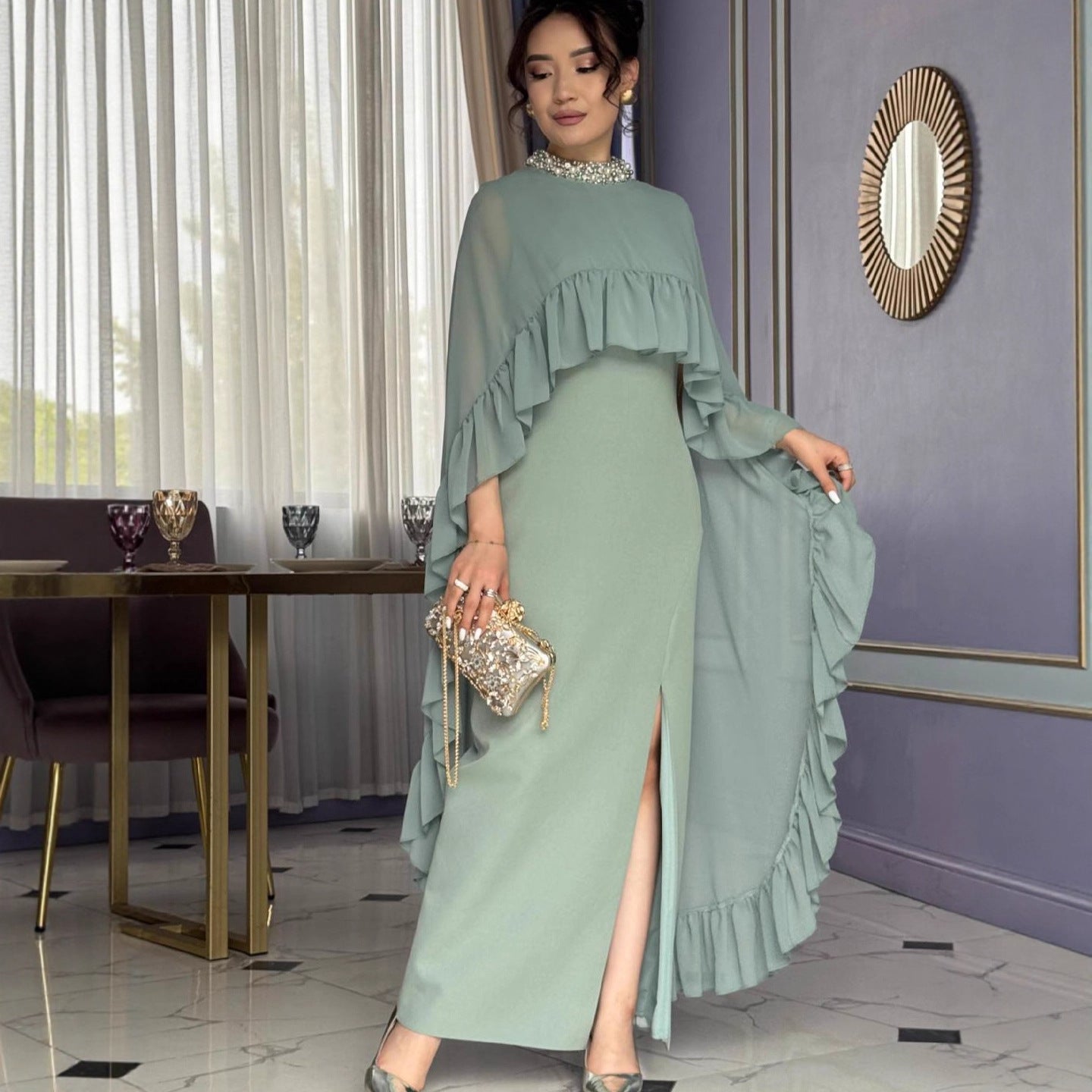 Women's Two-Piece Sleeveless Ruffled Beaded Dress Set - High-Waist Maxi Dress