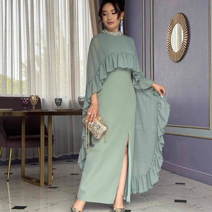 Women's Two-Piece Sleeveless Ruffled Beaded Dress Set - High-Waist Maxi Dress