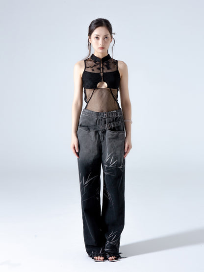 Chinese Style Pine Cypress Embroidered Hollow Gauze Top - Black