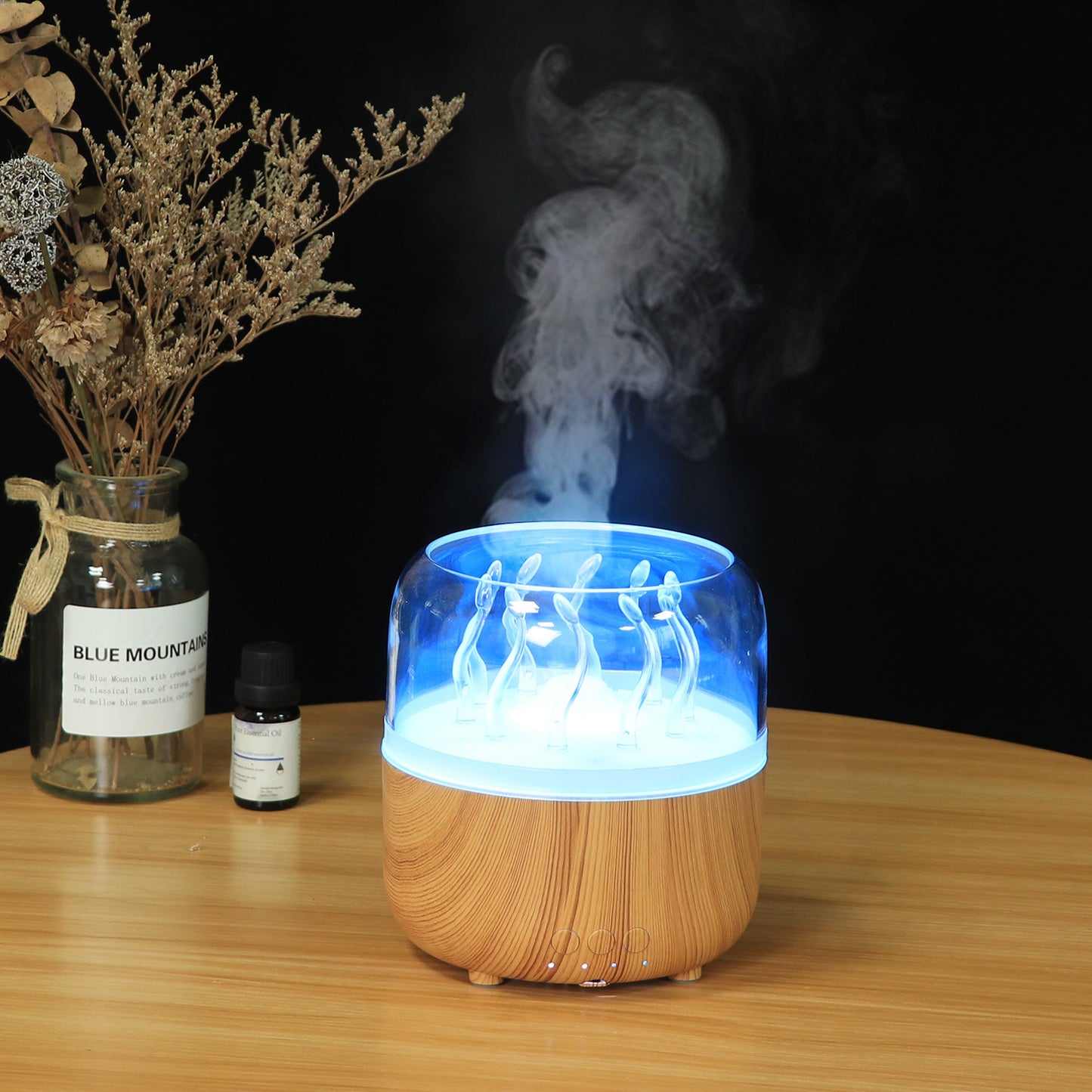 Wood Grain Jellyfish Ambience Light Humidifier - Rotating Dynamic Spray Aromatherapy Diffuser