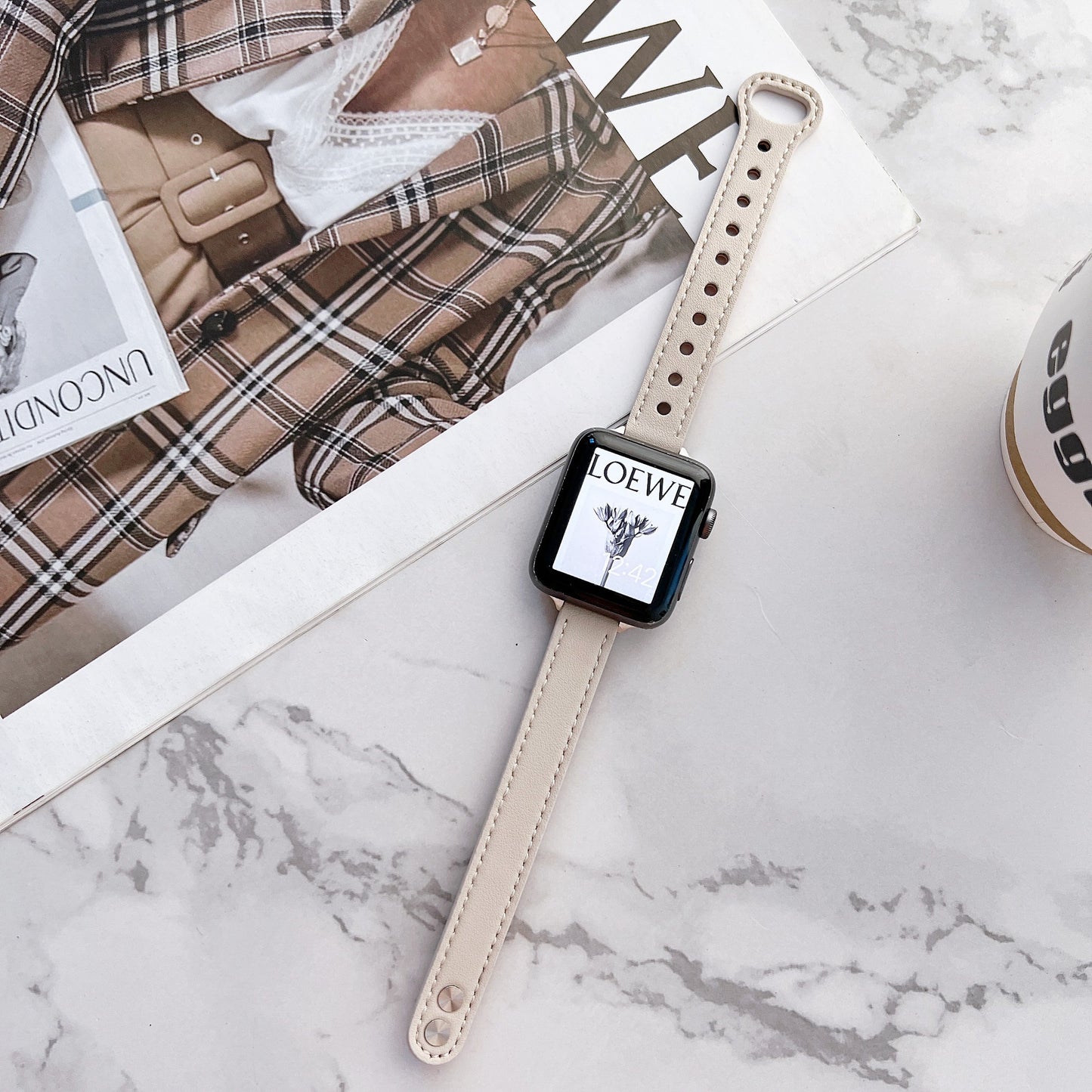 Slim Leather Apple Watch Band - Double Rivet Design with Custom Interface
