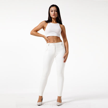 White Fleece-Lined PU Leather Fitness Pants - High-Waist Pencil Leggings