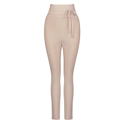 High-Waist Elastic Bandage Leggings - Cropped Solid Color Pants
