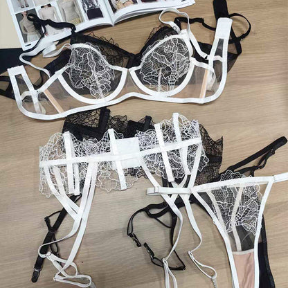 Embroidered Lace Mesh Lingerie Set - Three-Piece Bra and Underwear Collection