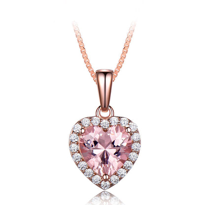 925 Sterling Silver Heart Pendant Necklace - Rose Morganite Charm Necklace for Women