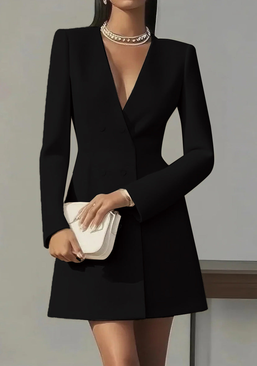 Women's V-Neck Button-Front Dress - Elegant Commuter Style