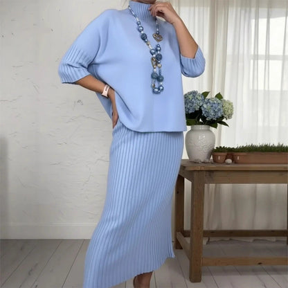 Women's Solid-Color Elegant High-Neck Knitted Sweater and Skirt Two-Piece Set - Intellectual Style