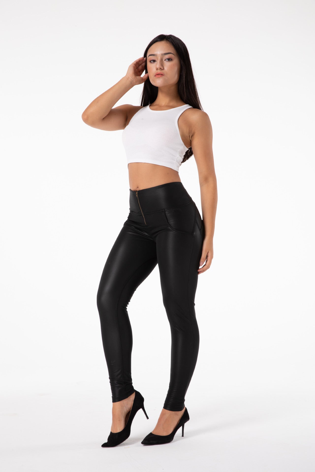 Women's High-Waist Faux Leather Yoga Pants - Matte Black Fitness Leggings