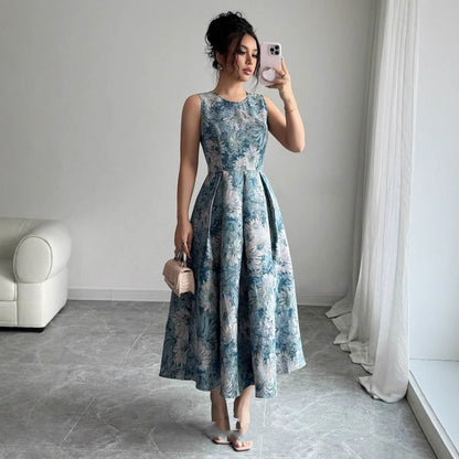 Oil Painting Floral Jacquard Dress - Sleeveless A-Line Waist-Cinching Dress
