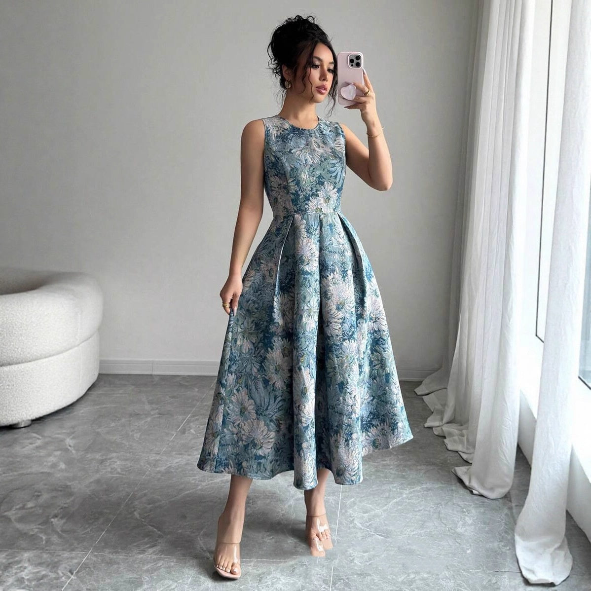 Oil Painting Floral Jacquard Dress - Sleeveless A-Line Waist-Cinching Dress