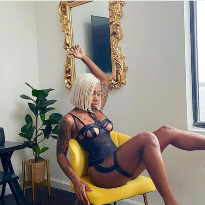 Women's Lace Bodysuit with Halter Neck and Garter - One-Piece Lingerie Set