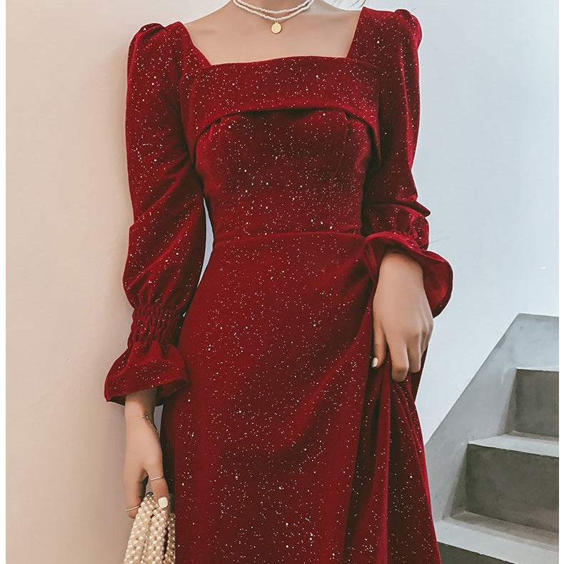 Women's Red Cotton Mid-Rise Dress – Elegant Bridal Toast Party Attire
