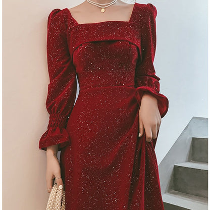 Women's Red Cotton Mid-Rise Dress – Elegant Bridal Toast Party Attire