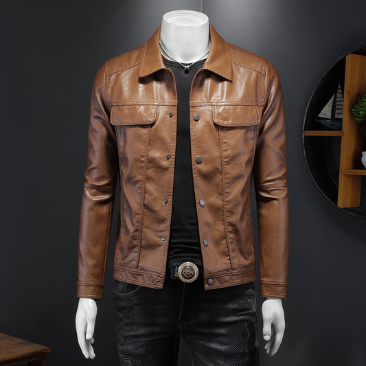 Men's Motorcycle PU Leather Jacket - Long Sleeve Lapel Coat