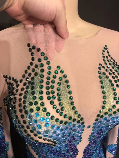 Blue Rhinestone Performance Bodysuit - Long Sleeve High-Cut Jumpsuit