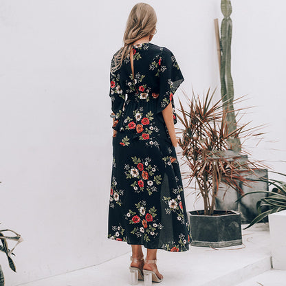 Women's Printed Long Slit Dress - Ruffled Maxi Dress with Irregular Hem