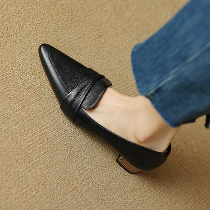 Full-Grain Sheepskin Pointed-Toe Chunky Heel Shoes - Women's Spring Pumps