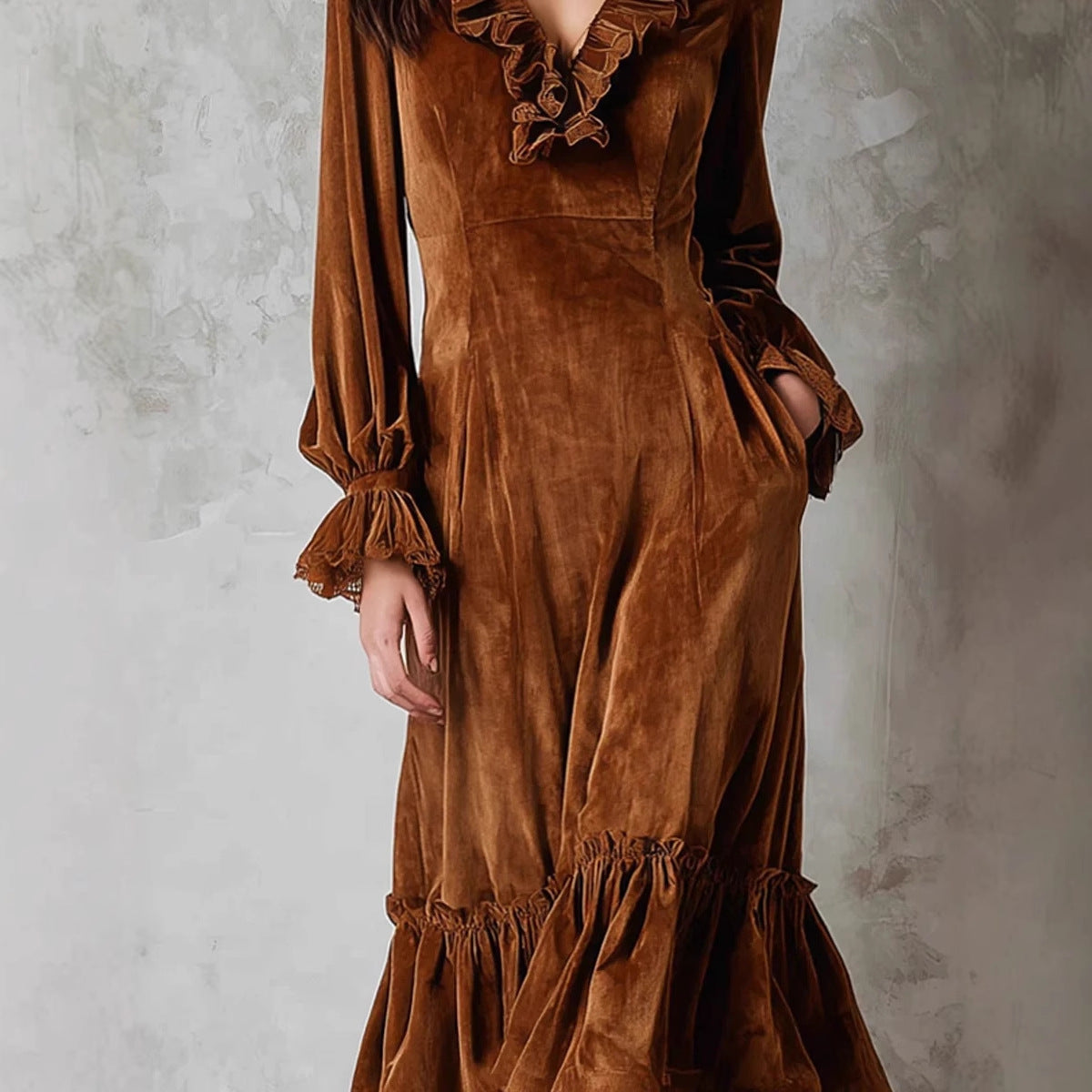 Women's Velvet Ruffle Dress with V-Neck - High Waist Long Sleeve Bell Sleeve Dress