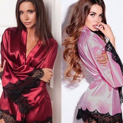 Women's Silk Lace Nightdress Pajamas - Ice Silk Sleepwear Set