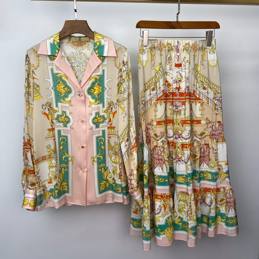 Elastic Waist Silk Print Tiered Skirt
