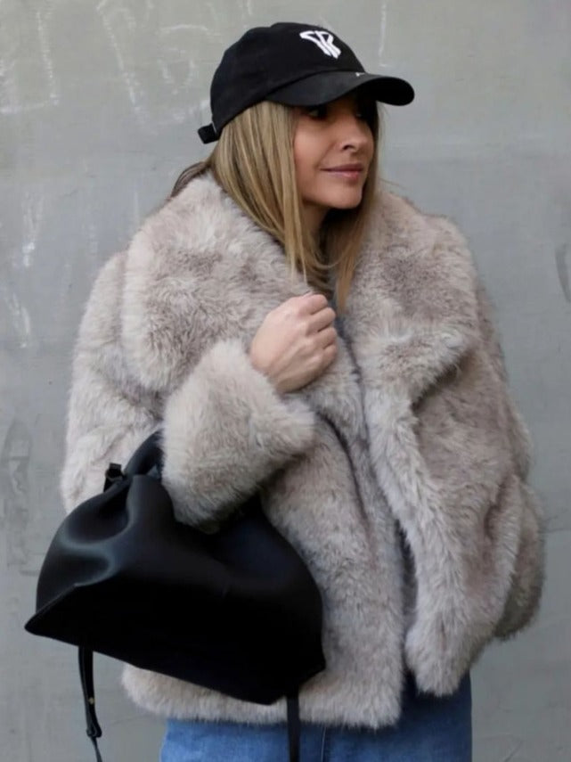 Women's Winter Plush Fluffy Lapel Coat - Warm Thicken Long Sleeve Jacket