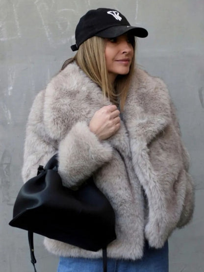 Women's Winter Plush Fluffy Lapel Coat - Warm Thicken Long Sleeve Jacket