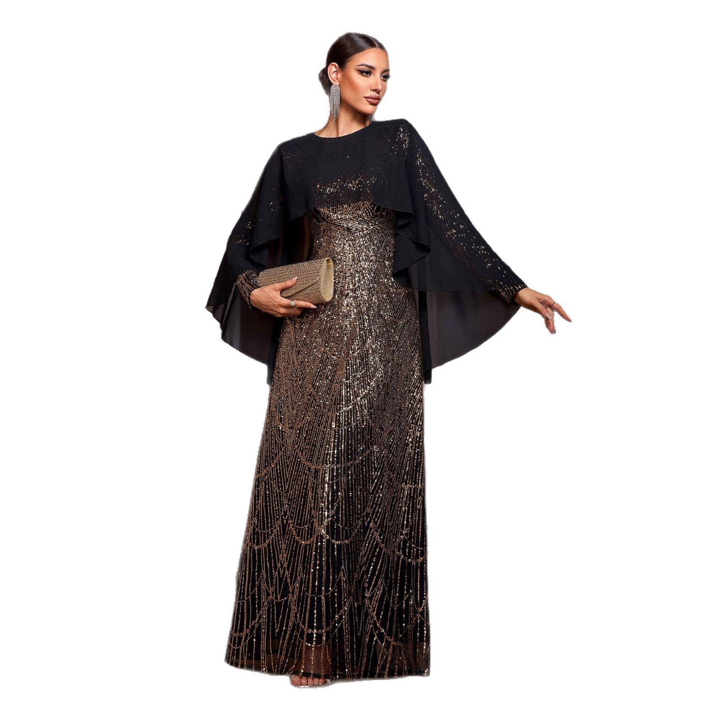 Black & Gold Sequin Long Sleeve A-Line Evening Dress | Shawl Collar Banquet Gown