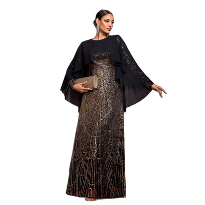 Black & Gold Sequin Long Sleeve A-Line Evening Dress | Shawl Collar Banquet Gown