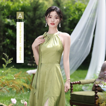 Women's Green Sleeveless High-Waist Bridesmaid Dress — Multiple Lengths & Styles